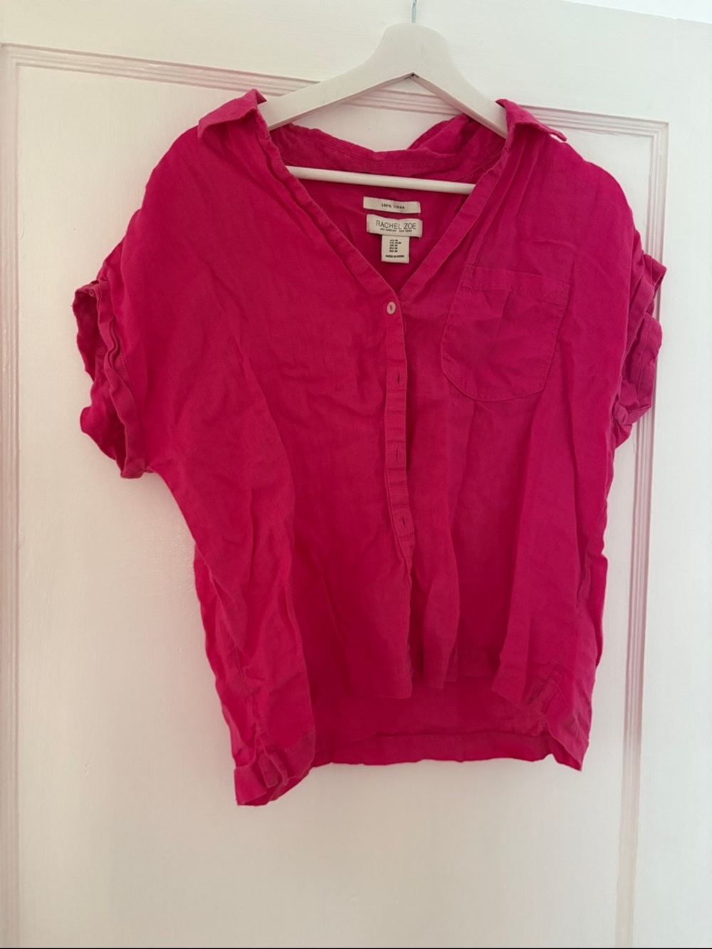 Rachel Zoe 100% Linen Fuchsia Short Sleeve Button-Front Blouse